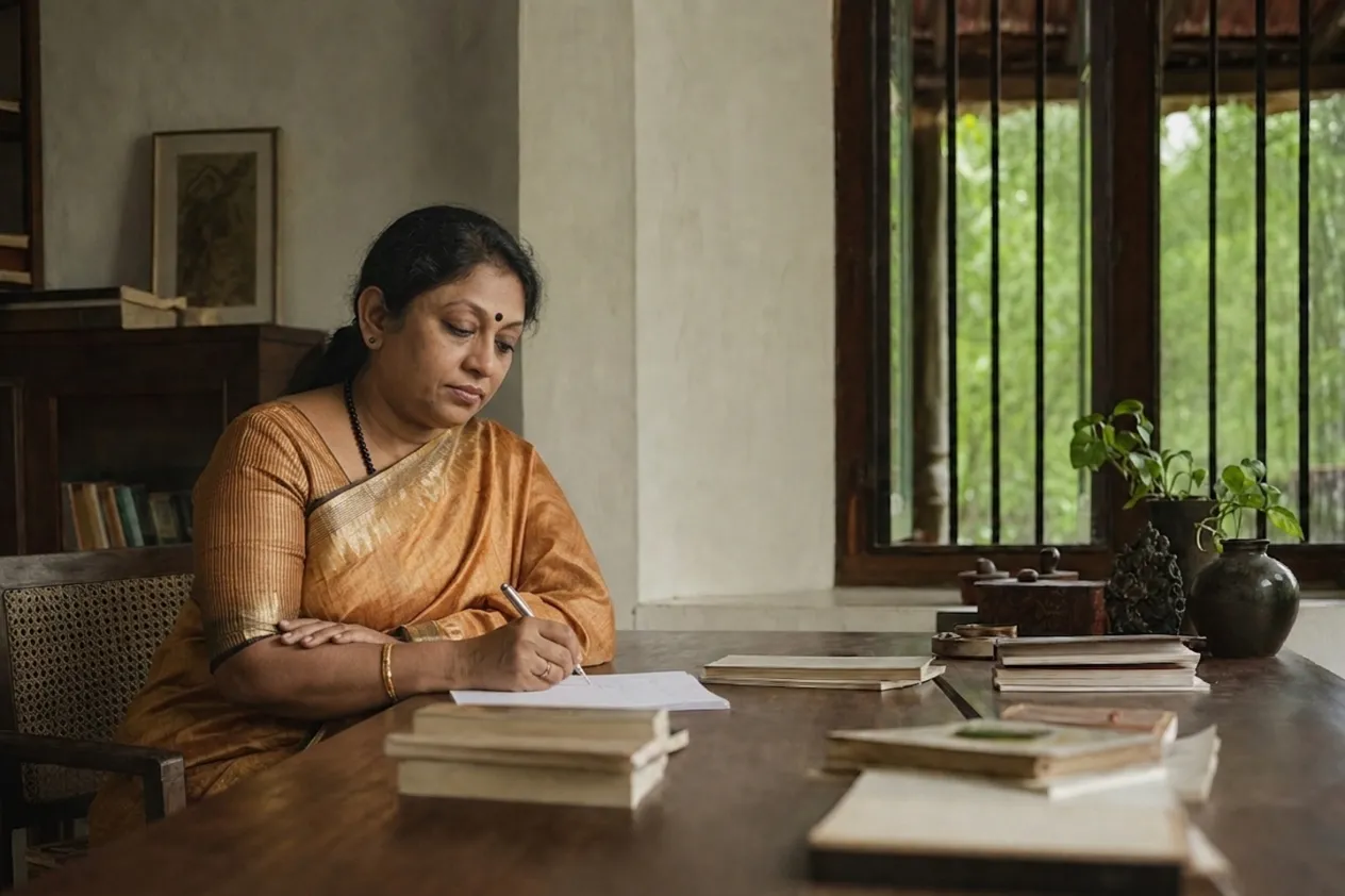 K. R. Meera writing at a wooden desk