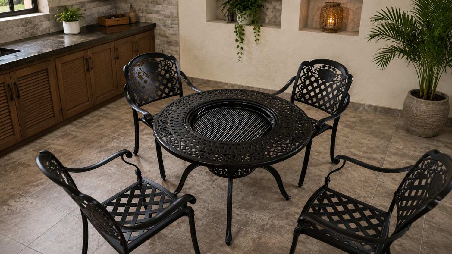 Portrait view of the antique black outdoor table