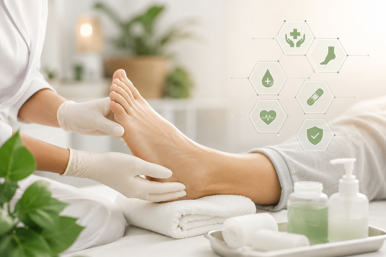 A clinician in gloves examining a patient’s foot during diabetic foot care