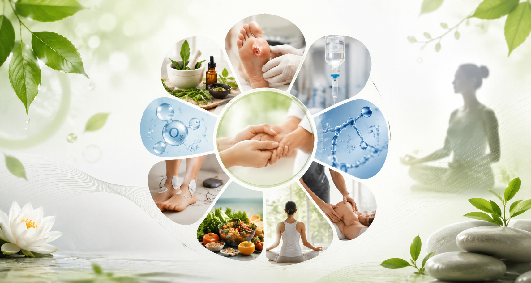 A composite of the therapies offered at Cherian Ashram — herbal medicine, wound care, intravenous therapy, ozone therapy, physiotherapy, nutrition and yoga