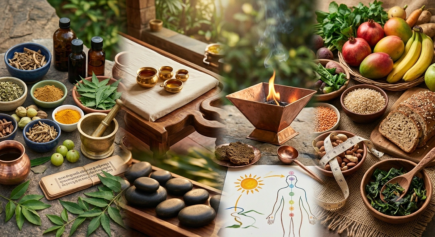 Ayurvedic herbs, Panchakarma oils, the Agnihotra fire and wholesome foods Ayurvedic herbs, Panchakarma oils, the Agnihotra fire and wholesome foods