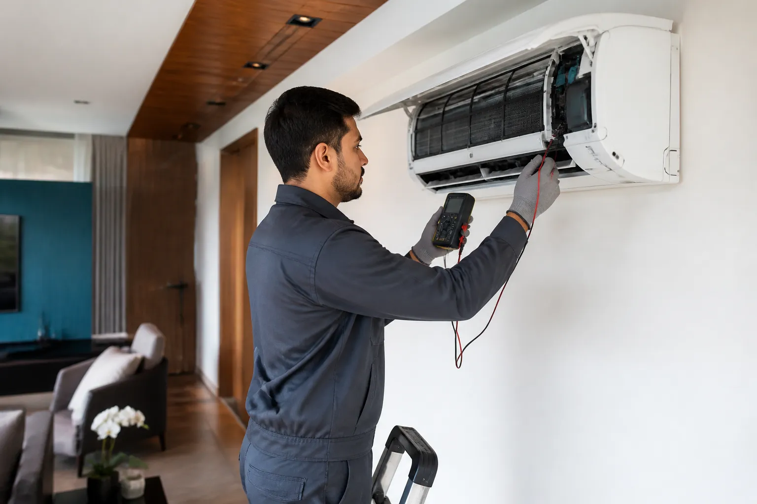 HVAC technician maintaining a residential split air conditioner