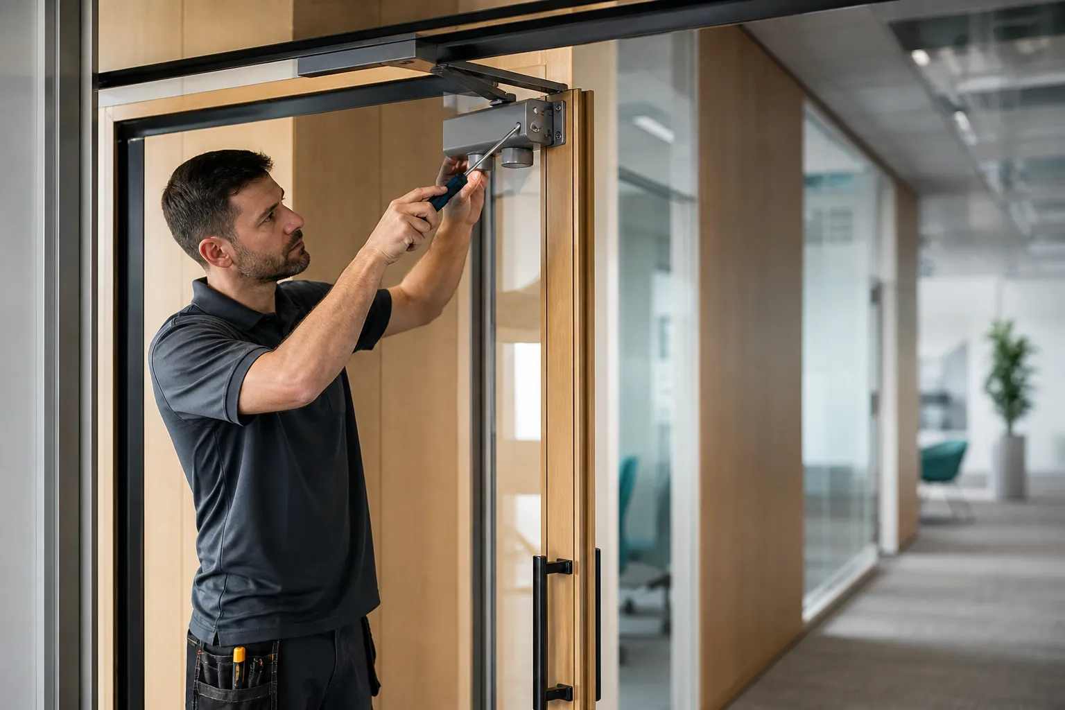 Professional technician repairing commercial door hardware