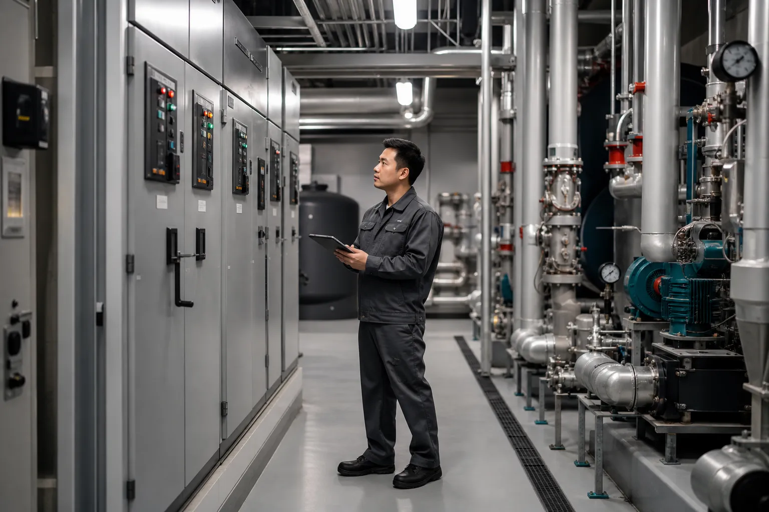MEP engineer inspecting electrical and mechanical building systems
