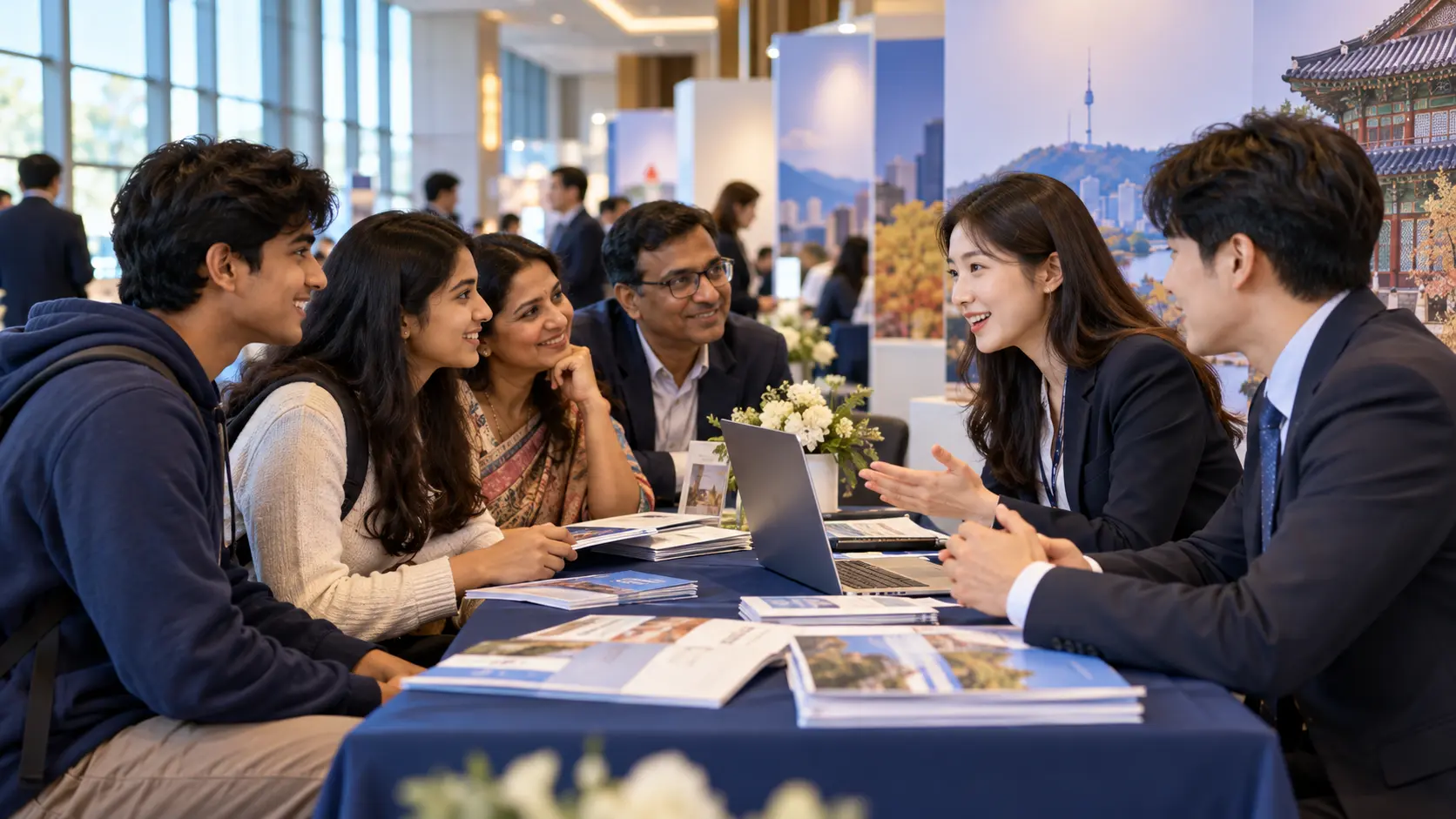 Indian students and parents speaking with South Korean university representatives at an education conclave